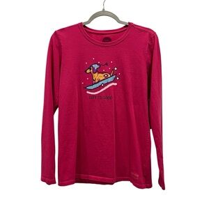 Life is Good Women’s M Hot Pink Long Sleeve Shirt with sledding dog.